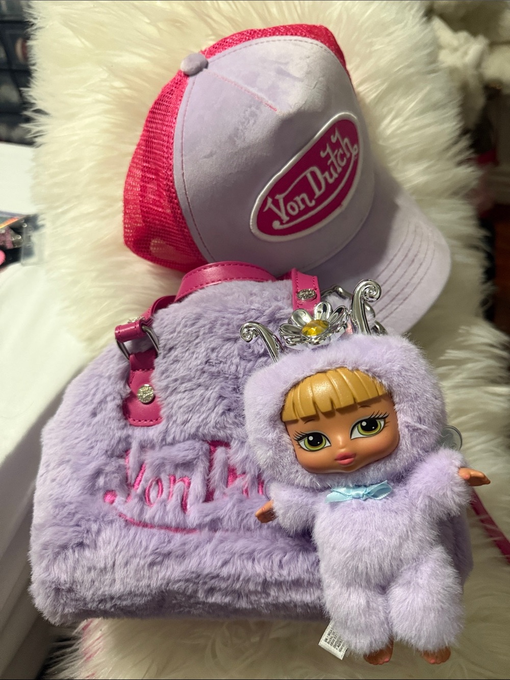 Von Dutch pink Purple fuzzy bag bratz Doll Keychain & Von Dutch Pink purple hat